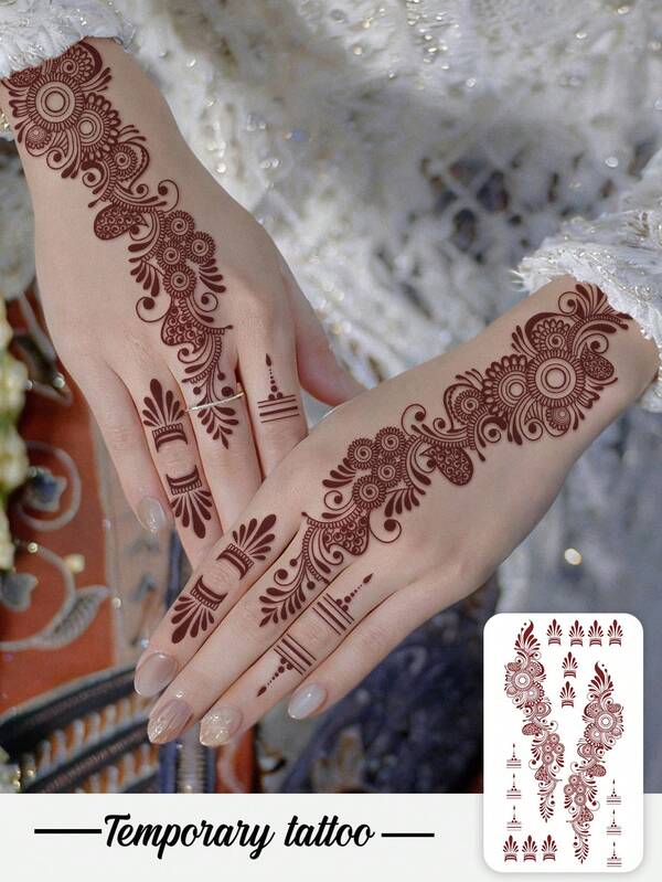 1 Valentine's Day/Festival Henna Temporary Tattoo Sticker, Red Lace Flower Mantle Henna Pattern, Fashionable Hand Nail Art Fake Tattoo, Plant Fake Tattoo - Temporary Tattoo - Popular And Suitable For Birthdays, Weddings, Party Decorations, Lasts 3-5 Days.