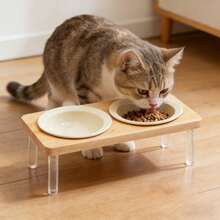 2个草帽造型陶瓷宠物碗，配稳固的亚克力和木质支架，猫狗通用双碗 - 180毫升 - 查看 9