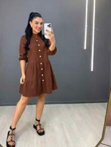 Women's Striped Midi Dress With Shirt Collar And Bishop Sleeves, Casual, With Buttons, Asymmetrical Hem, Summer And Beach. - 摩卡棕 - 查看 1