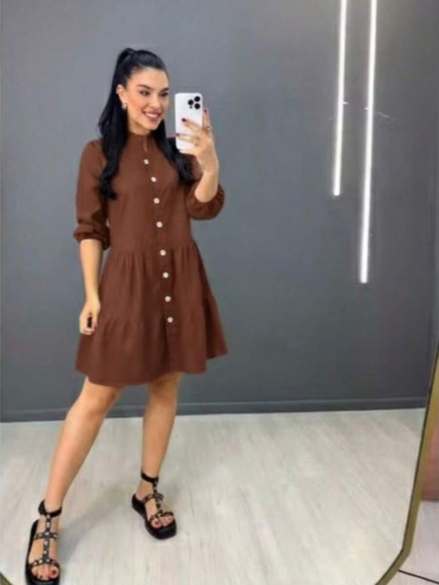 Women's Striped Midi Dress With Shirt Collar And Bishop Sleeves, Casual, With Buttons, Asymmetrical Hem, Summer And Beach. - 摩卡棕 - 查看 1