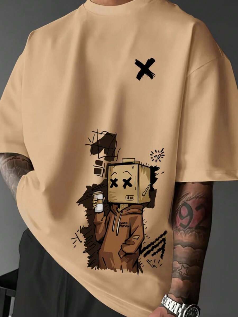 Men's Basic Traditional Adult Casual Streetwear Premium Cotton Fashion Good Person Men's Cardboard Box Boy's Bag Cartoon - 卡其色 - 查看 1