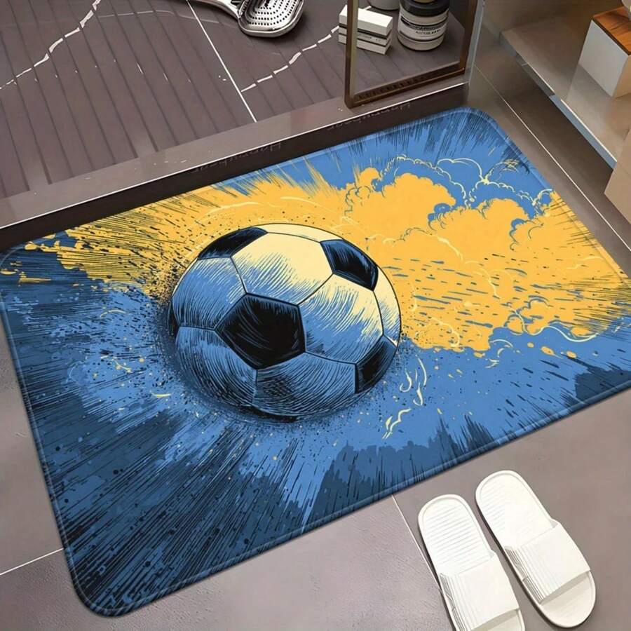 1pc Soccer Ball Design Non-Slip Absorbent Microfiber Doormat - HD Printed Bold Stance, Machine Washable Polyester Mat For Bedr - 1PC - 查看 1