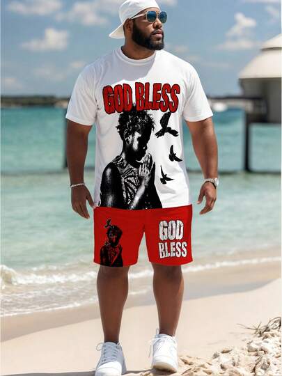 23# 印花加大码男士短袖短裤套装，时尚圆领白色夏季抽绳套装，透气速干男士运动套装