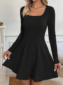 Women Long Sleeve Mini Dress Casual Knit Square Neck A-Line Pleated Short Dress Elegant Fall Autumn Cocktail Club Party Dating Dress Valentine  Valentine Outfits - màu đen - Xem 1