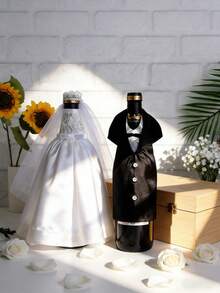 1 set decor pentru sticlă de vin de nuntă, ținută formală pentru mire și mire, decorare masă pentru petrecere de nuntă, cadou de aniversare - Multicolor - Vizualizare 4