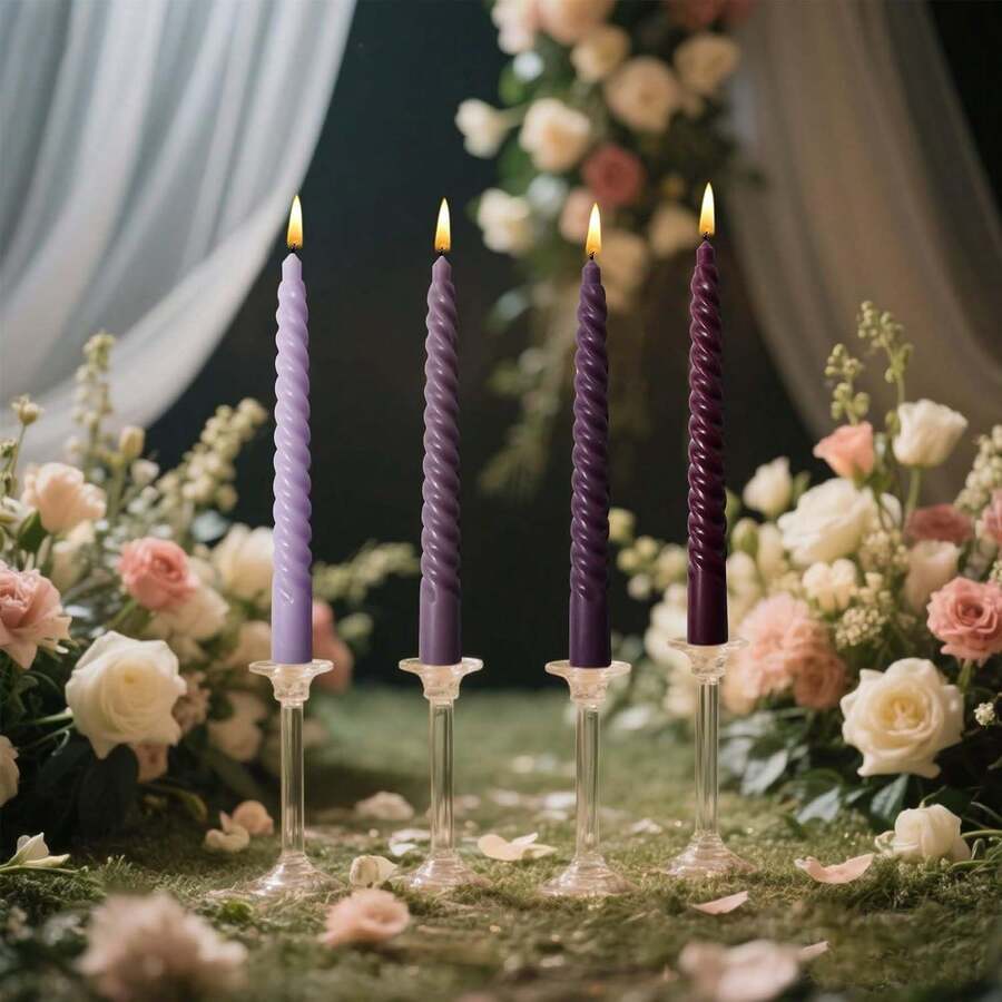 Set Of 4 Pack 8-Inch Spiral Tapered Candles Tall Candlesticks For Dinner Party Wedding Holiday Spring Home Kitchen Decor Black Color Ideal For Celebrations - Purple Series - View 1