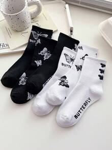 3/6 pares de calcetines de punto holgados hasta la pantorrilla para mujer - Patrón de mariposa negro y blanco - Estilo de calle Ins, transpirable y versátil, primavera/verano - Multicolor - Ver 7