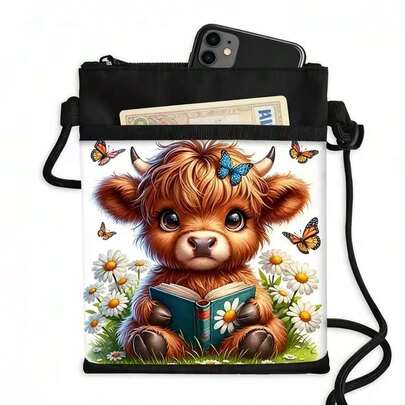 New Highland Cow Pattern 3D Print Polyester Adjustable Strap Crossbody Phone Bag, Crossbody Wallet, Key Pouch, Unisex Casual Shoulder Bag, Suitable For Daily Outings, New Year, Winter, Holidays, Birthday Gifts, Holiday Accessories, Travel Essentials, Fashionable Crossbody Bag, Compact Wallet , Key Chain, Gift For Her, Fashion Enthusiasts