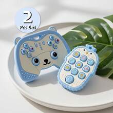 Set de 2 piezas: Mordedor de alivio de estrés con forma de pingüino de dibujos animados y mordedor con forma de mando de videojuego de oso, juguetes sensoriales educativos para masticar para bebés de 6 a 12 meses - Multicolor - Ver 2