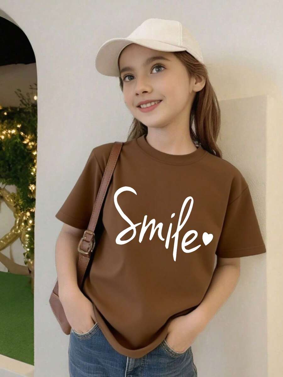 Kaos Lengan Pendek Kasual Leher Bulat dengan Cetakan Huruf Senyum untuk Remaja Perempuan, Lembut dan Nyaman, Cocok untuk Musim Semi/Panas - Coklat - View 1
