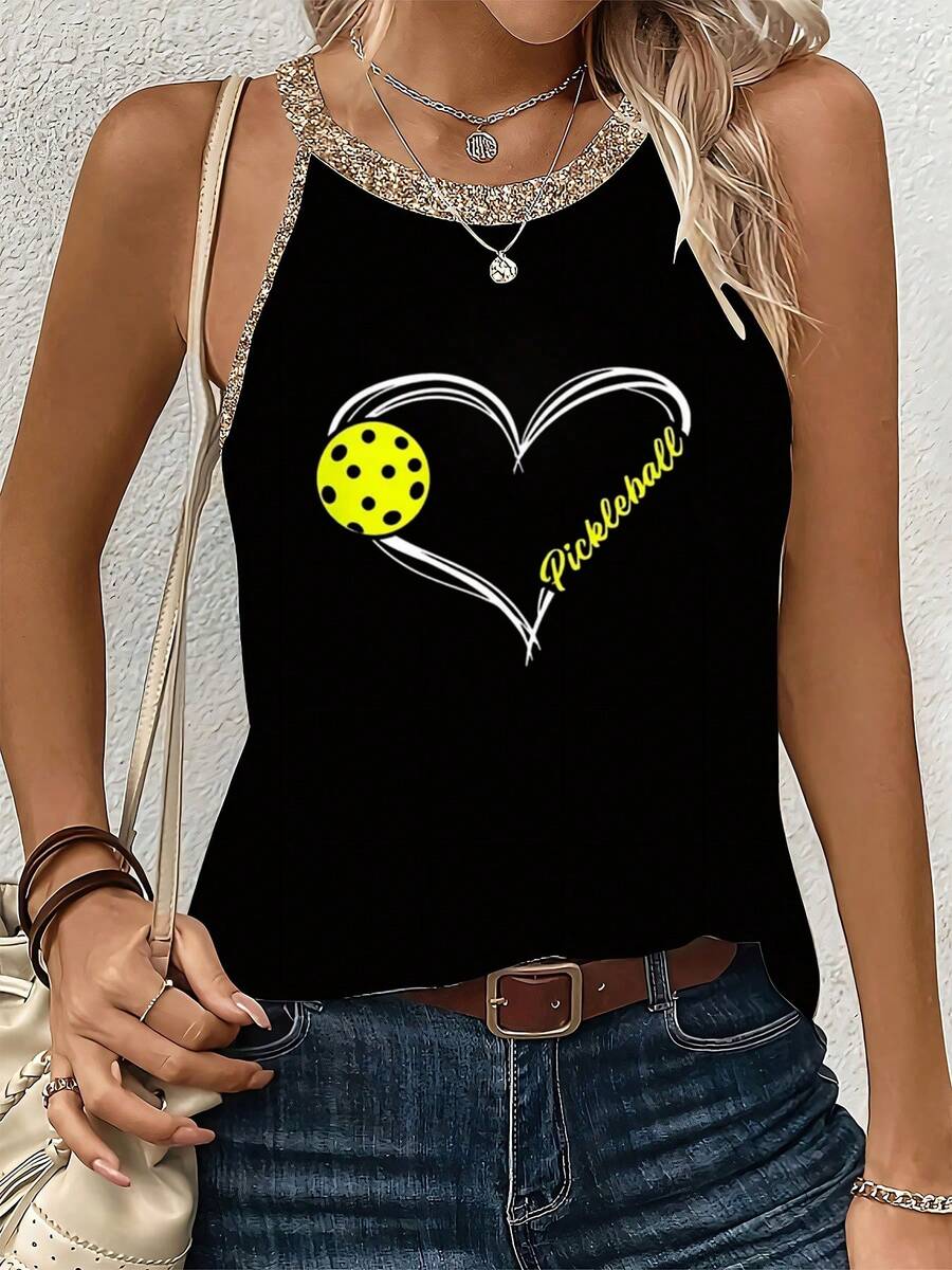 Sports - 'Pickleball' Heart - Shaped Graphic Women's Casual Printed Summer Tank Top - màu đen - Xem 1