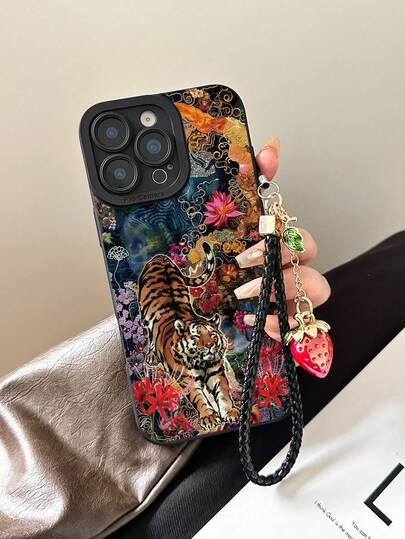 Tiger Painted Hollow Black Painted Strawberry Bracelet, Minimalist Fashion Creative Shockproof Phone Case Compatible With IPhone 17/17Pro/17ProMax/16/11/16Pro/16Plus/16ProMax/16E/15ProMax/13/14/12/XS/XR/7G/8P, Galaxy S25/S25Plus/S25 Ultra/A16/A36/A26/A56/A50/A12/A32