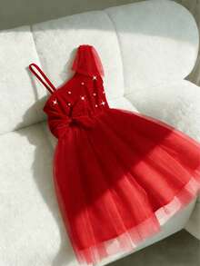 Vestido de malla sin mangas con lazo de perlas lindo para niña, verano - Rojo - Ver 1