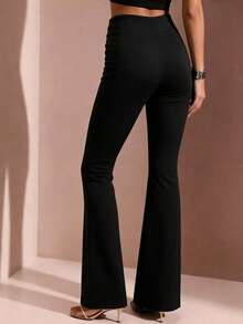 1件装女士时尚简约纯色纽扣优雅休闲喇叭裤，性感精致微喇叭裤，高腰显瘦休闲裤，喇叭裤，春夏日常办公黑色 - 黑色 - 查看 2