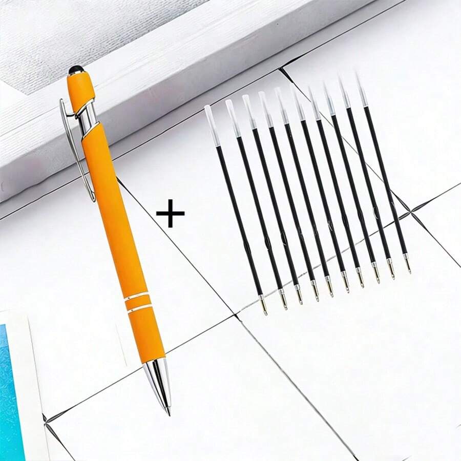 Set de 11 bolígrafos de punta de bola naranja - Incluye 1 bolígrafo y 10 recambios - Bolígrafo de gel retráctil de metal, 2 en 1 con función de pantalla táctil, apto para uso de oficina.