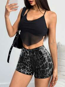 Quần short nữ kiểu dáng thường ngày gợi cảm họa tiết da báo phối sequin, thích hợp cho kỳ nghỉ biển. - Xám - Xem 6