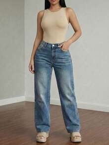 Women's High Waisted Wide Leg Jeans - Light Wash Straight Denim Pants Relaxed Fit Minimalist Aesthetic - 深色水洗藍 - 查看 3
