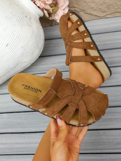 Sandali da uomo stile romano con punta aperta, cinturini intrecciati marrone, suola spessa, scarpe casual estive