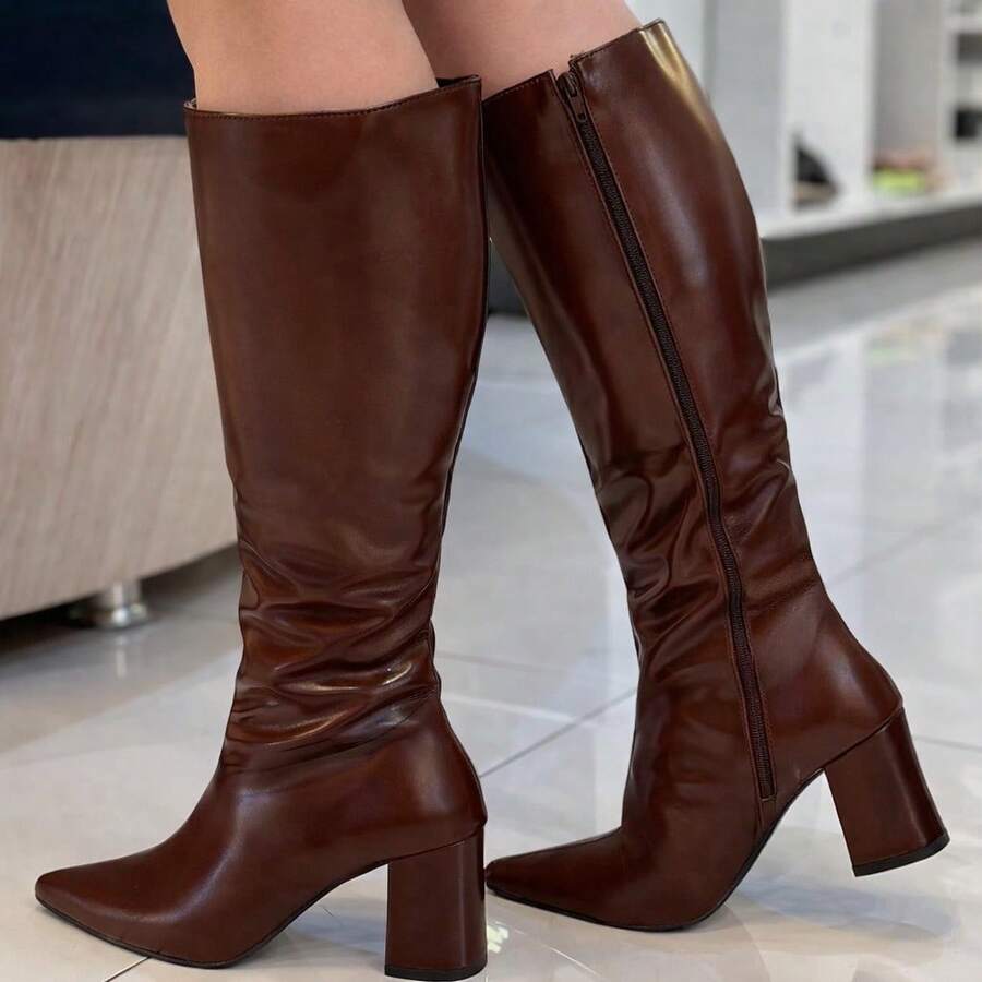 Rosavivi Women's Ankle Boot, Plain, Pointed Toe, Chunky Block Heel, Comfortable, Elegant, Modern, Fashionable, Blogger Style, With Zipper 3700 - 咖啡棕 - 查看 1