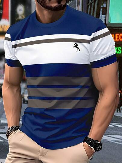 KOVSEE Men's Casual Sports T-Shirt - Horse Shaped Pattern, Suitable For Outdoor, Commuting, Vacation, Machine Washable, Comfortable For All Seasons, Daily Fashion Wear | Round Neck T-Shirt