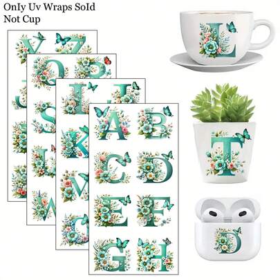 32pcs/SET Green Spring Floral Alphabet A-Z Flower Pattern UV DTF Transfer Stickers For Various Cups And Bottles, Crafts, DIY Art - Easy To Apply DIY Transfer Stickers, DIY Crafts High Viscosity UV DTF Transfer Paper(No Cups, Stickers Only)