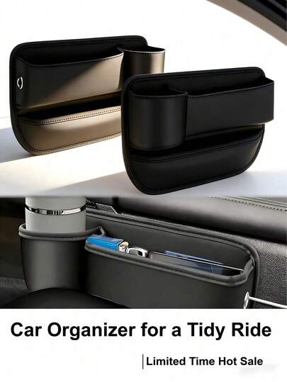 1pc Car Seat Gap Filler Storage Box With Cup Holder, Upgraded Leather Organizer, Adjustable Seat Gap Filler, Suitable For Phone, Glasses, Keys And Cards, Fits Most Vehicles, Black, Random New Or Old Version