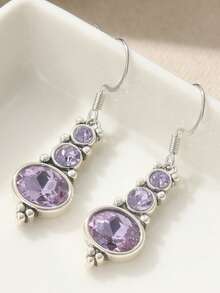 1 Pair Classic & Elegant Women's Earrings, Inlaid With Purple Cubic Zirconia, Round Pendant Earrings, Suitable For Wearing On Holidays And Weddings, Refined Feminine Accessory, Ideal Holiday Gift - Violet Purple - View 8