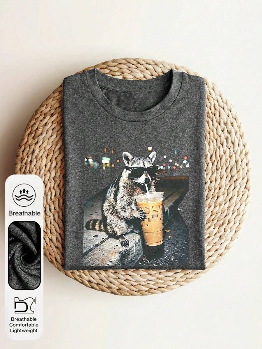 Women's Daily Fun Raccoon Drinking Iced Coffee Graphic Crew Neck Short Sleeves Casual Summer Women's Tops ,Animal Emojis Graphic Women's Dark Gray T-Shirt - Dark Grey - View 1