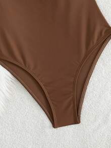 Women's Solid Color Single Shoulder One-Piece One-Piece Swimsuit With Metal Accessories - Brown - View 6