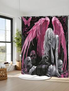 1 Piece/4 Piece Pink Winged Angel Waterproof Shower Curtain Set, Thick Polyester Waterproof Mildew-Resistant, Saying Goodbye To Bathroom Water Accumulation Troubles, Full Set Includes 12 Hooks, Anti-Slip Mat, U-Shaped Mat And Round Toilet Lid Cover - A - View 6