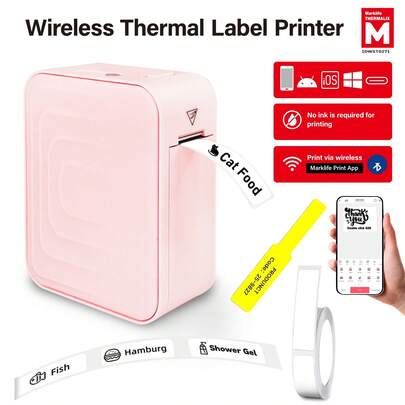  Marklife M1 라벨 프린터, M1 휴대용 핸드헬드 블루투스 미니 라벨 프린터, 휴대용 무선 연결 포함, 다양한 템플릿 제공, 스마트폰에 적합, 사용하기 쉬움, 사무실 및 가정 정리에 적합, USB 충전, 핑크