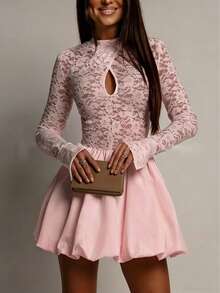 新款性感优雅蕾丝镂空连衣裙，适合春夏晚间约会派对，粉色 - 粉色 - 查看 6