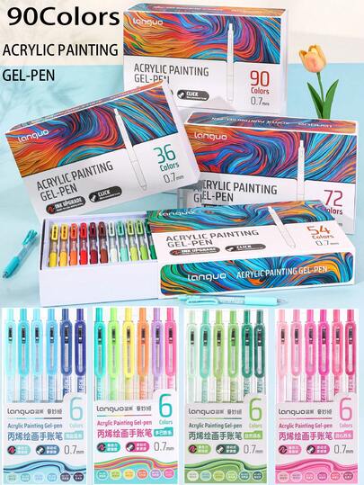 Lanquo 6色丙烯颜料笔套装（15种颜色可选）/ 36/54/72/90色盒装，0.7mm不锈钢笔尖，弹簧式出墨顺畅，压感设计，墨水覆盖范围更广，适用于多种材质（玻璃/陶瓷/塑料/木材/石头/织物），可用于艺术绘画/DIY手工/涂鸦