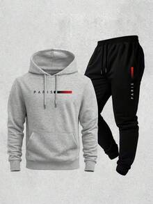 New Paris Print Warm Sweatshirt And Pants Set, Comfortable Autumn/Winter Loose Fit, Drawstring, Pockets, And Hood. - Grey - View 1