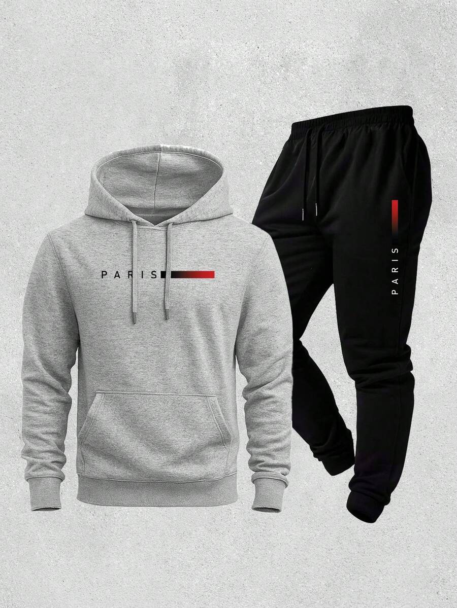 New Paris Print Warm Sweatshirt And Pants Set, Comfortable Autumn/Winter Loose Fit, Drawstring, Pockets, And Hood. - Grey - View 1