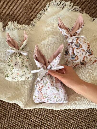 6pcs Easter Drawstring Gift Bags, Velvet Fabric Pouches, Rabbit Print Pink Ear Drawstring Easter Egg Gift Packaging Bags