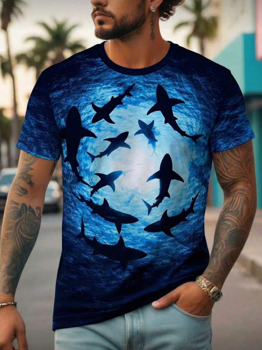 男士圆领鲨鱼图案短袖T恤，夏季度假风 - 彩色 - 查看 1