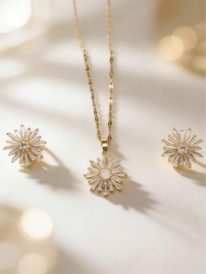 一套立方氧化锆雪花吊坠项链耳环时尚首饰套装，百搭奢华设计，适合日常/派对/节日生日佩戴，精致完美礼物，礼品配饰