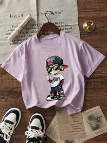 Tween Boys Casual Printed Round Neck Short Sleeve T-Shirt, Summer Top - Mauve Purple - View 2