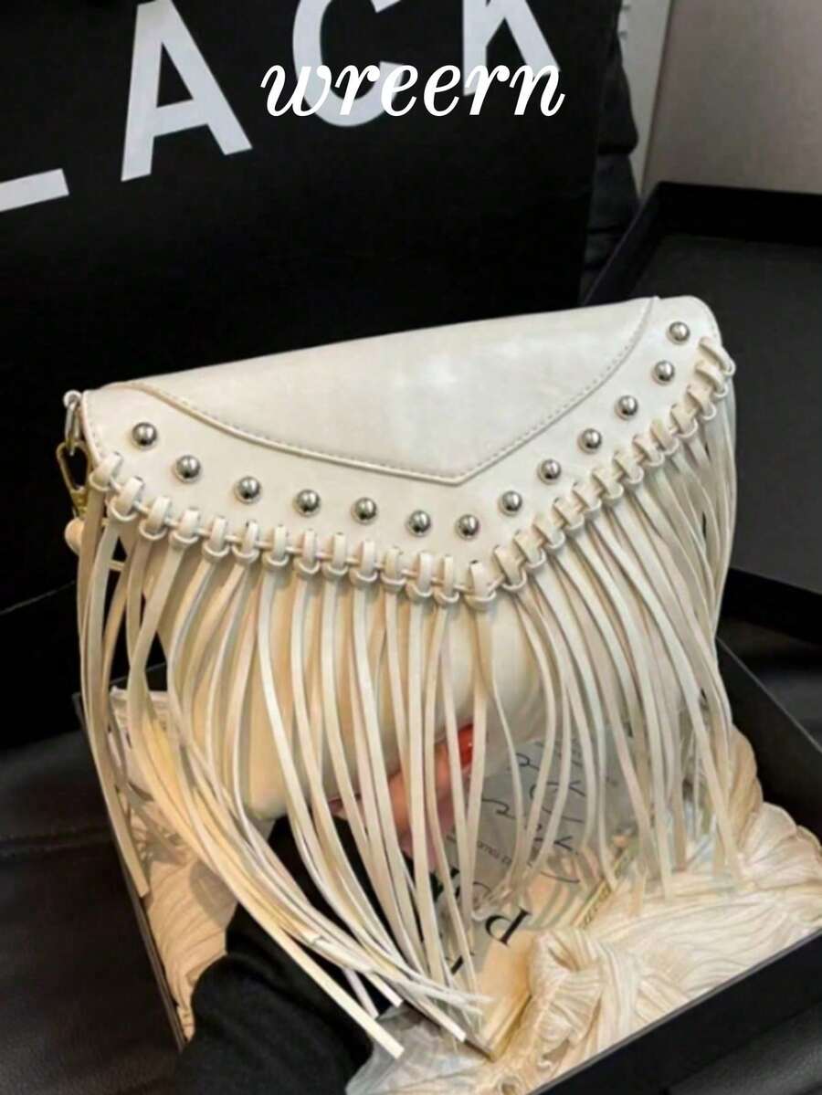 Retro Leather Crossbody Bag, Bohemian Shoulder Bag, Fringed Studded Cross-Body Square Bag, Casual Messenger Bag For Travel And Everyday Use, Portable Business Crossbody Bag, Small Clutch. - 白色 - 查看 1