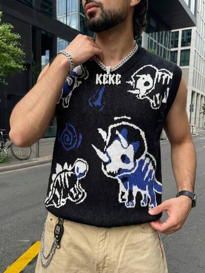  ANDREILEE Spring/Summer Unisex Men's Funny Cartoon Dinosaur Pattern Ribbed V-Neck Sleeveless Knit Tank Top, Streetwear Casual Loose Fit Knitted Sweater, Black