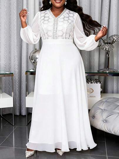 大码女式白色雪纺A字连衣裙，V领，珠饰蕾丝点缀，长泡泡袖，优雅礼服，适合婚礼宾客及正式场合