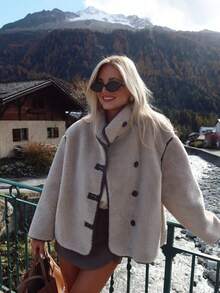 Chaqueta de ajuste regular para mujer con cierre de botones delantero, cuello alto, elegante y versátil para ir al trabajo y uso casual, otoño/invierno - Albaricoque - Ver 1