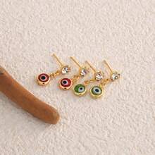 2 paires de boucles d'oreilles en cuivre plaqué or 18 carats avec des franges verts et dorés, des strass et des pièces de monnaie pour femmes - Doré - Voir 6