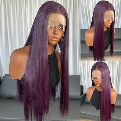 Parrucca sintetica viola Kanekalon Futura con parte anteriore in pizzo 13x4 per donne, 22 pollici di lunghezza, dritta, senza colla, resistente ai capelli sintetici Kanekalon, con parte centrale libera, densità del 150%, parrucca in pizzo trasparente pronta all'uso, adatta per uso quotidiano, feste, vacanze e occasioni speciali