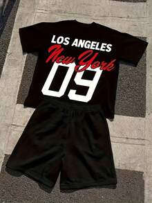 Conjunto de 2 piezas de camiseta y pantalones cortos con estampado 3D de la Estatua de la Libertad de Nueva York para hombres, conjunto informal de manga corta y cuello redondo para verano, lavable, atuendo con temática de Nueva York - Multicolor - Ver 2