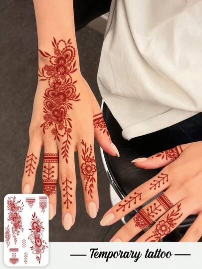 1 Valentine's Day/Ramadan Henna Temporary Tattoo Sticker, Red Lace Flower Spinner Flower Henna Pattern, Stylish Hand Nail Art Fake Tattoo, Plant Fake Tattoo - Temporary Tattoo - Popular And Suitable For Birthdays, Weddings, Party Decorations, Lasts 3-5 Days.