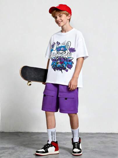 Teenage Boys' Street Style 2-Piece Set, Graffiti Rabbit Print T-Shirt + Purple Cargo Shorts, Skateboard Casual Comfortable Versatile Co-Ord Set