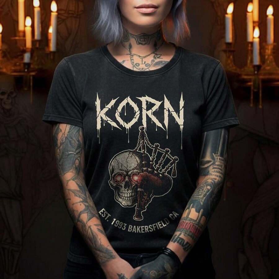 Korn Shirt Retro Est 1993 Bakersfield CA T-Shirt Vintage Nu Metal Band Fan Gift Classic Band Graphic Korn Aesthetic Rock - 黑色 - 查看 1