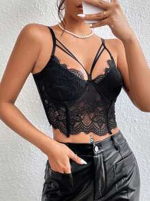 Vexica 女士复古奢华蕾丝镂空吊带背心，带衬垫的短款文胸，适合鸡尾酒会、晚宴和正式场合穿着。 - 黑色 - 查看 8